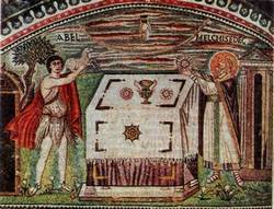 Жертвоприношение Авеля и Мелхиседека. Мозаика. 532 – 547 гг. Церковь Сан-Витале.